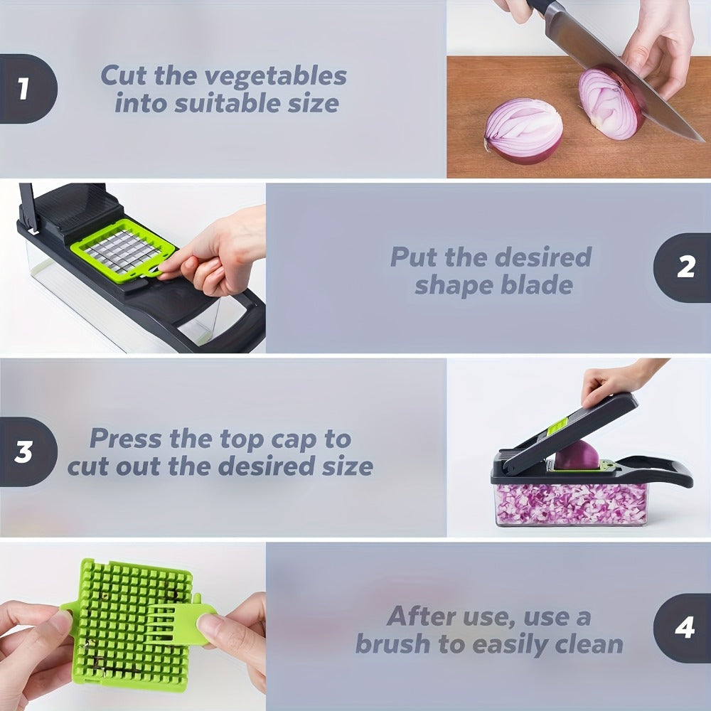 Vegetable Chopper 16-in-1 Multifunctional Food Chopper Slicer & Dicer ¨C Manual Kitchen Chopper with 8 Interchangeable Blades & Container for Fruits, Vegetables & Onions ¨C 1-10L Capacity