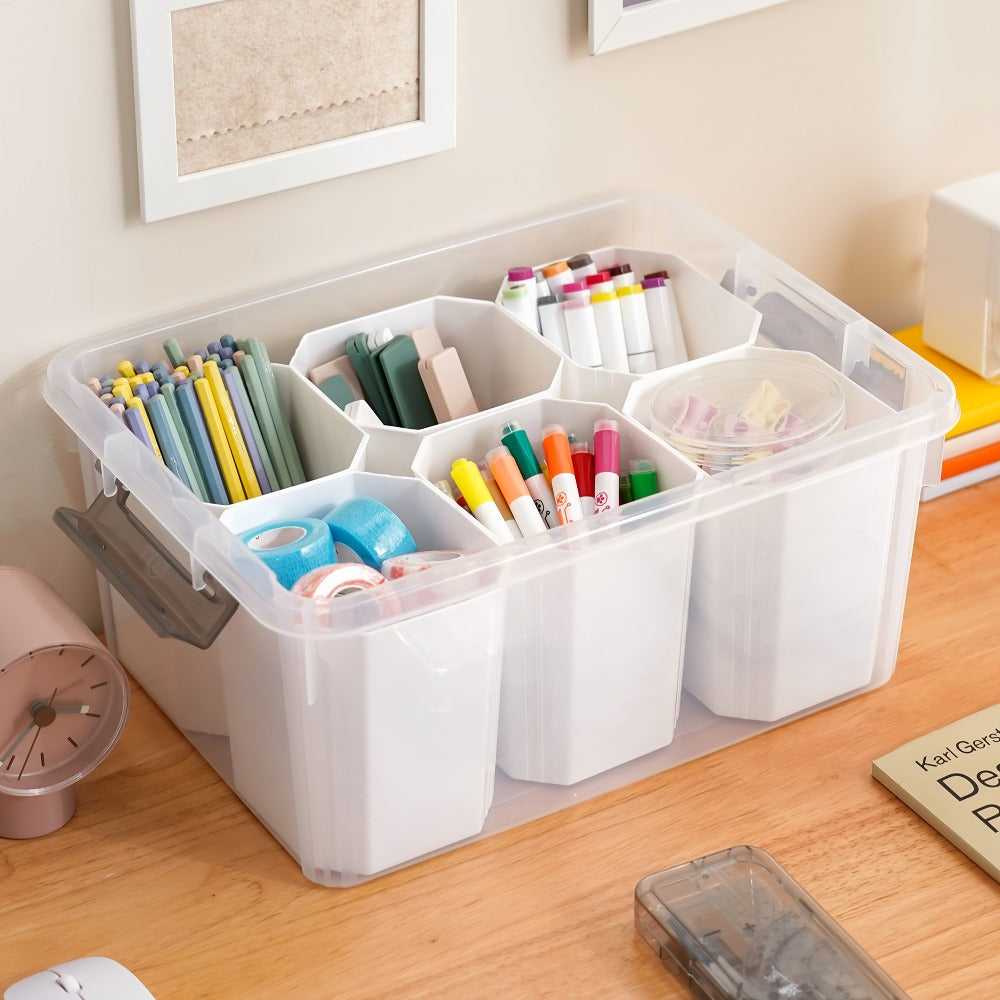Clear Storage Box with Lid 17Qt 6 Divider Inserts Stackable Desktop Organizer for Craft Jewelry Stationery Tools Office Home