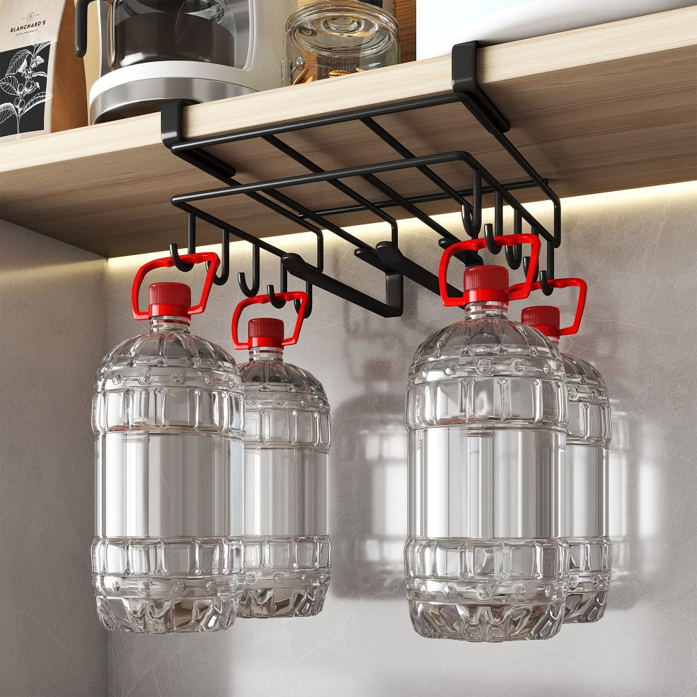 Under Cabinet Organizer Rack with Hooks ¨C Heavy Duty Carbon Steel Kitchen Shelf for Utensils, Towels, Cups & Cutting Boards ¨C No-Drill Door-Mount Space-Saving Kitchen Storage