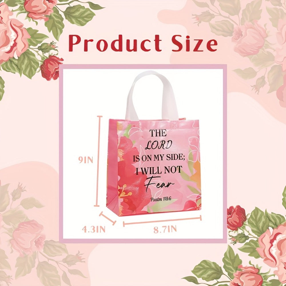 Religious Gift Bags with Handles Bulk 32 or 64 Pcs Bible Verse Flower Designs Reusable Non-Woven Tote Bags for Church Wedding Birthday Party Women Girls
