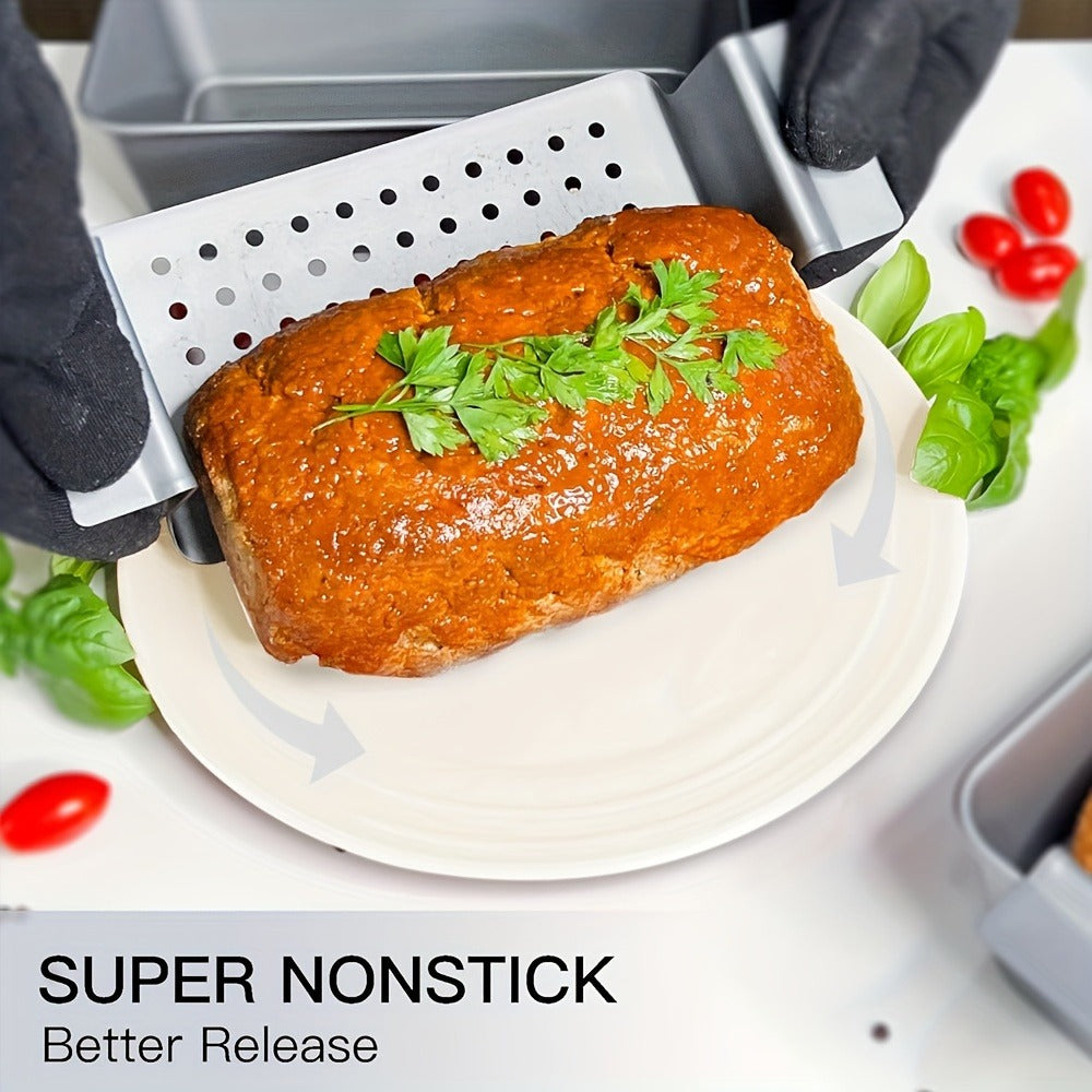 Nonstick Meatloaf Pan with Drain Tray, 2-Piece Carbon Steel Loaf Pan Set for Baking, Fat-Reducing Bread Pan with Insert, Oven Safe Meat Loaf Baking Pan for Healthier Cooking, Standard & Gold Options