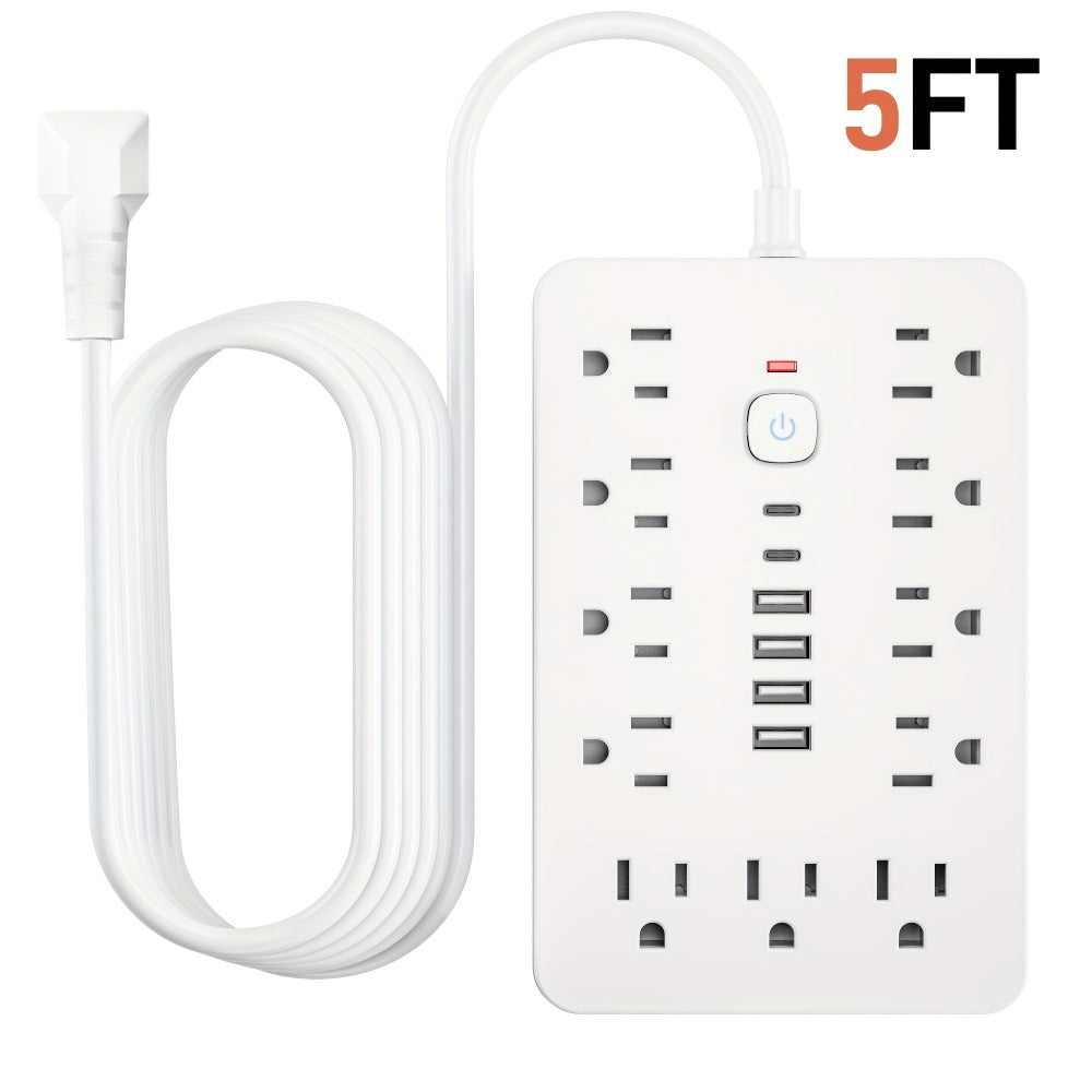 Surge Protector Power Strip 17-in-1 with 11 AC Outlets 4 USB-A 2 USB-C Ports Flat Plug Extension Cord Space-Saving Compact Design for Home Office Kitchen Desk Wall Charging Station