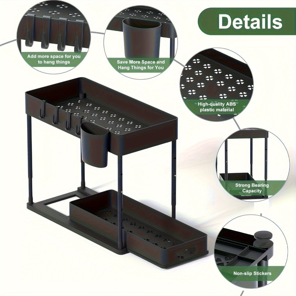 Under Sink Organizer 2-Tier Sliding Cabinet Basket with Hooks ¨C Adjustable Bathroom Kitchen Shelf Storage Rack for Cabinets