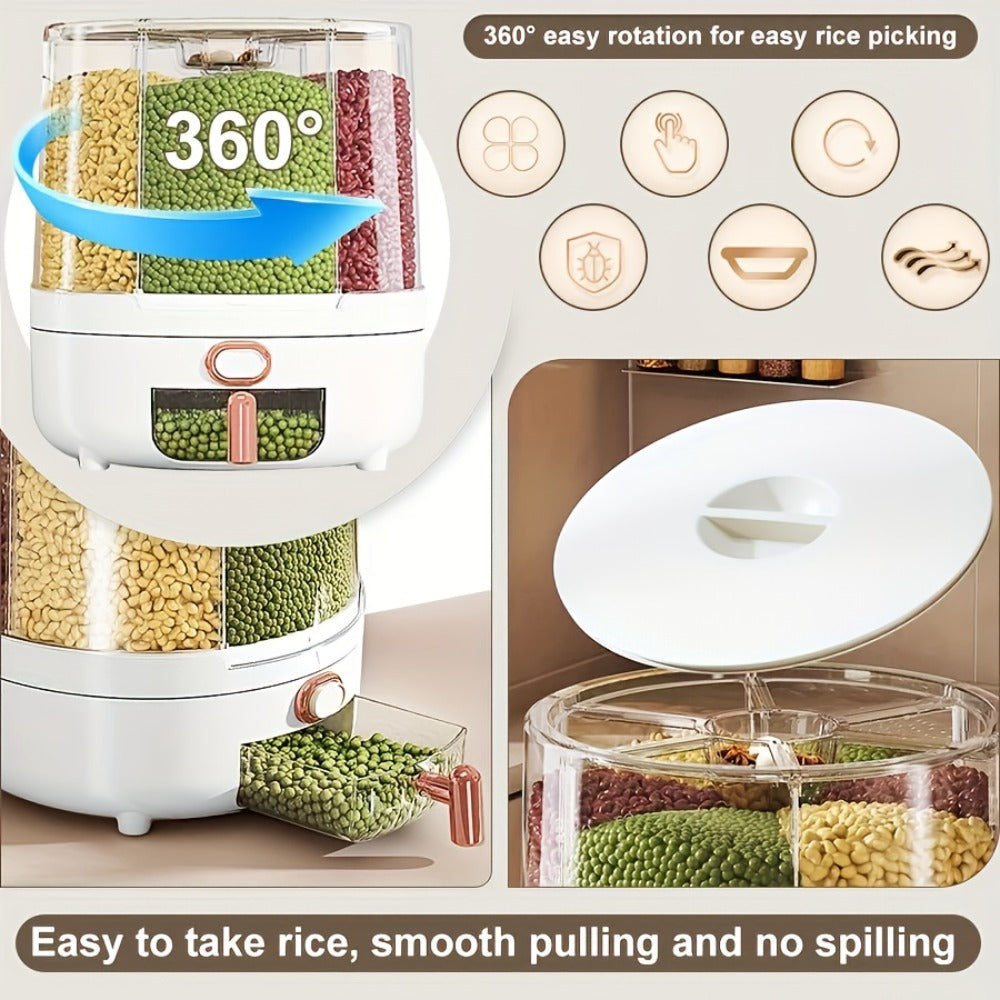 Rice Dispenser 360 Rotating 6 Compartment Grain Storage Container - Airtight Moisture Proof with Transparent Window, Food Grade PP, Large Capacity for Rice Cereal Flour and Pet Food, Medium 13lb or Large 22lb
