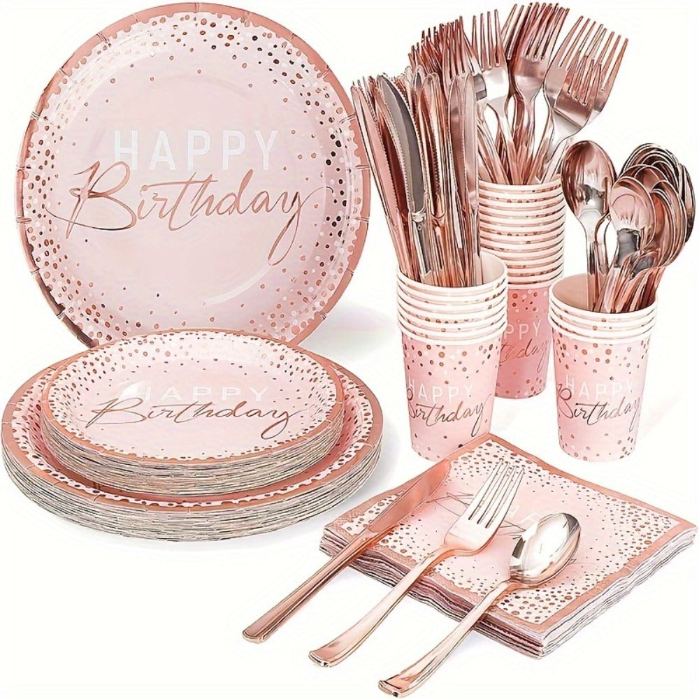 Birthday Party Plates and Napkins Set 175pcs Pink Rose Gold Disposable Tableware Forks Knives Spoons Serves 25 Guests Girl Birthday Party Supplies