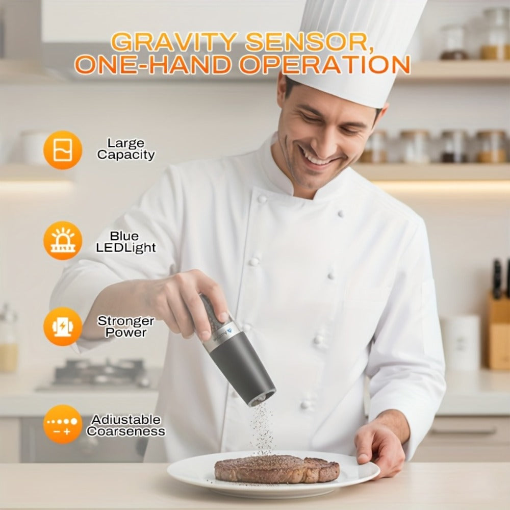 Electric Salt and Pepper Grinder Set 2-Pack Gravity Sensing ¨C Battery Powered LED Light One-Hand Operation | Adjustable Coarseness Black Kitchen Gadget | Perfect Birthday Gift for Home Cooks