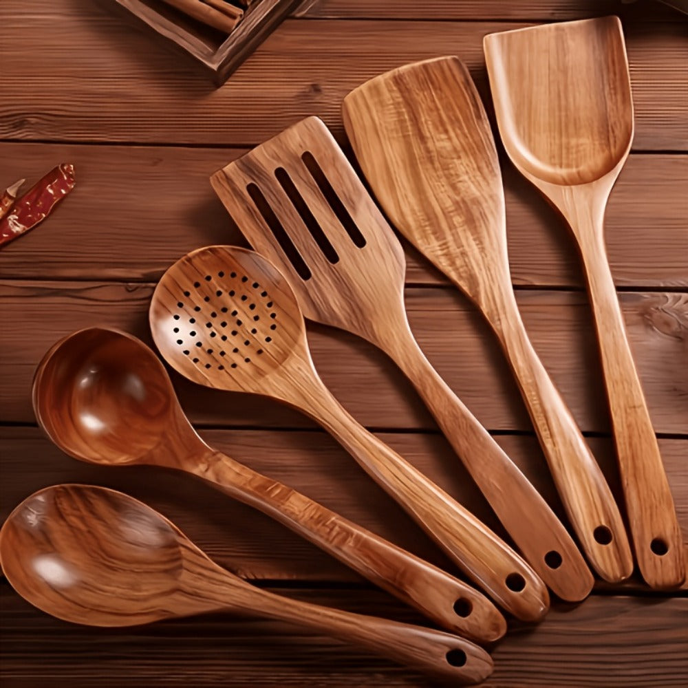 Wooden Kitchen Utensils Set ¨C Natural Wood Spoon Spatula & Wok Spatula with Ergonomic Handle, Heat-Resistant Non-Stick Safe Cooking Tools, Easy to Clean Durable Kitchen Essentials (5 / 6 / 10 Piece Sets)