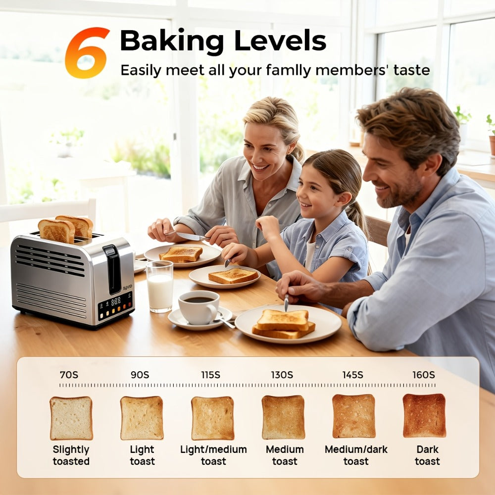 Toaster 2-Slice Stainless Steel Smart Touchscreen ¨C 5 Bread Types, 6 Browning Levels, Wide Slots, Temperature Control, Removable Crumb Tray, Compact Kitchen Toaster