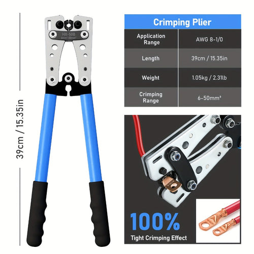 Battery Cable Lug Crimping Tool Set AWG 8-1/0 Heavy-Duty Ratchet Crimper with Copper Wire Lugs, Heat Shrink Tubing, Cable Cutter & Work Gloves for Automotive Marine Electrical Wiring