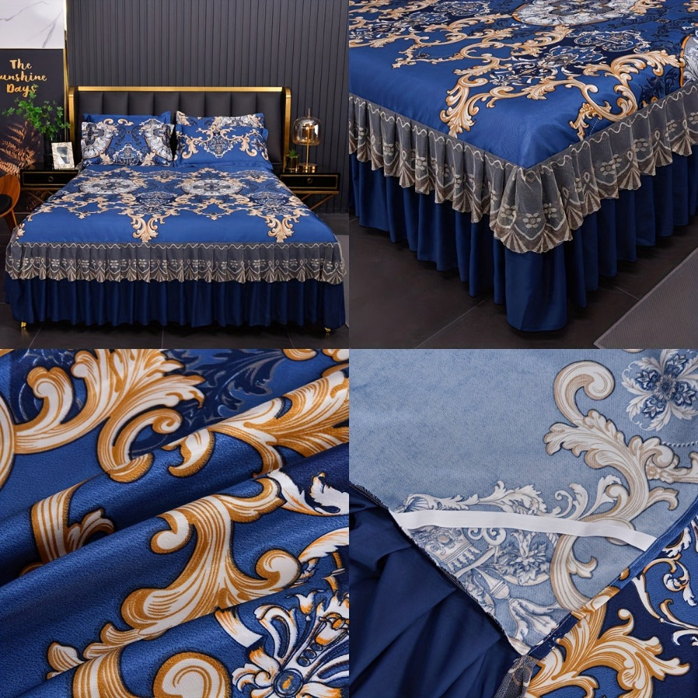 Floral Ruffle Bed Skirt Cool Mat 3 Piece Set with Pillowcase, Double Layer 360¡ã Full Wrap Washable Cooling Mattress Cover, Breathable Summer Bedding Set for Twin Full Queen King, Parisian Romantic Floral