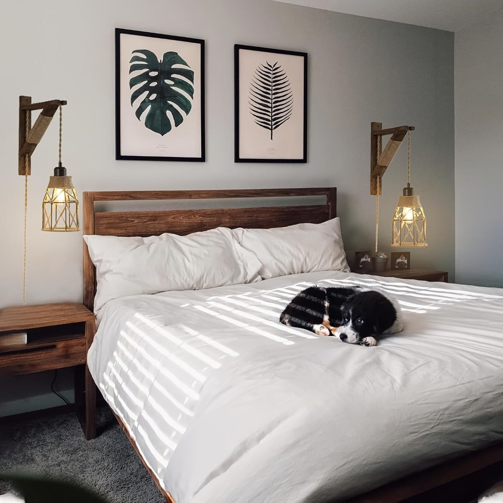Plug In Wall Sconces Set of 2 or 1 ¨C Rustic Farmhouse Wall Lamp with Metal Cage & Wooden Bracket, Plug-Into-Outlet Hanging Light for Bedroom, Living Room & Headboard