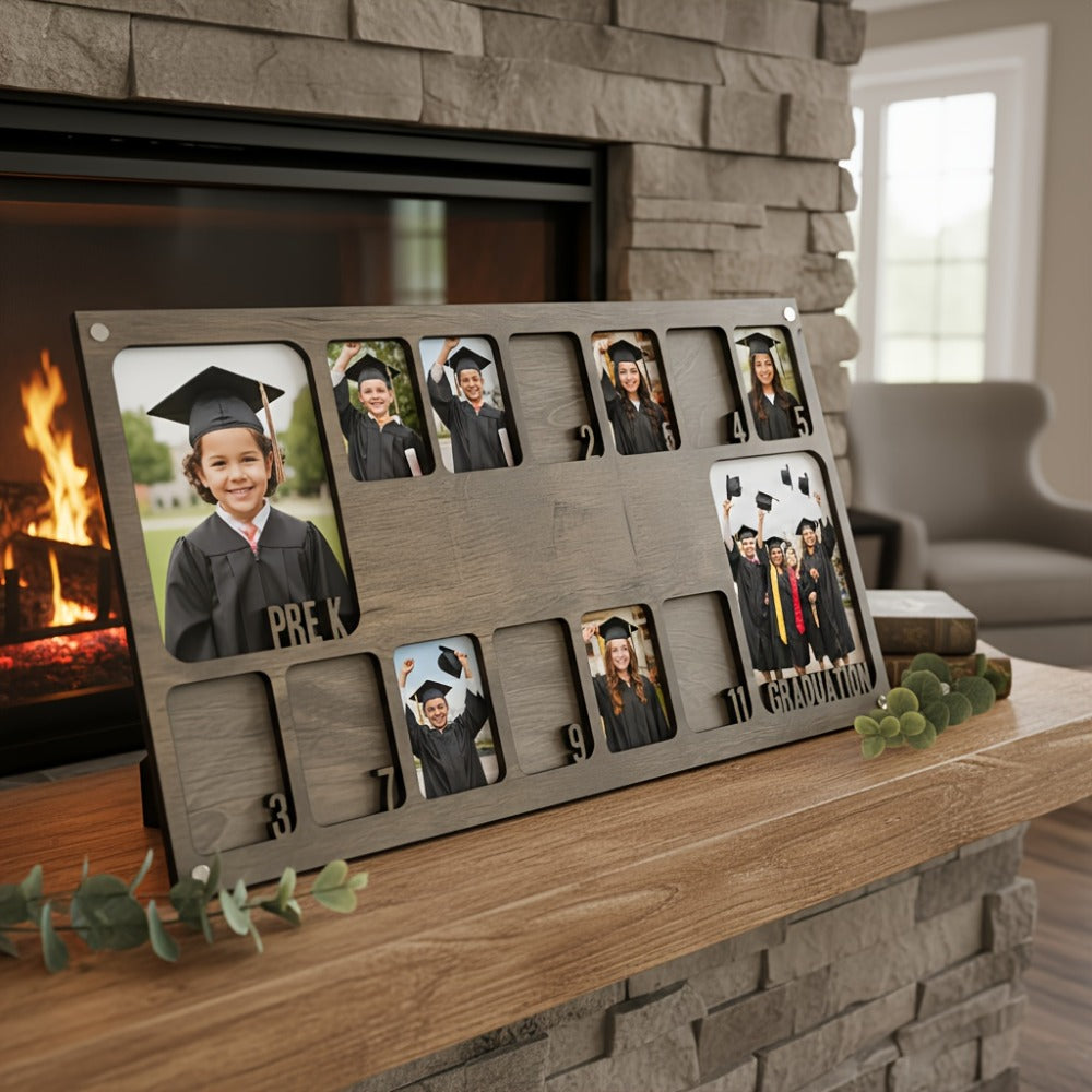 Graduation Photo Frame Vintage Wooden 14-Photo Collage Display Stand Desktop Wall Decor Home Office Grad Gift Grey Beige