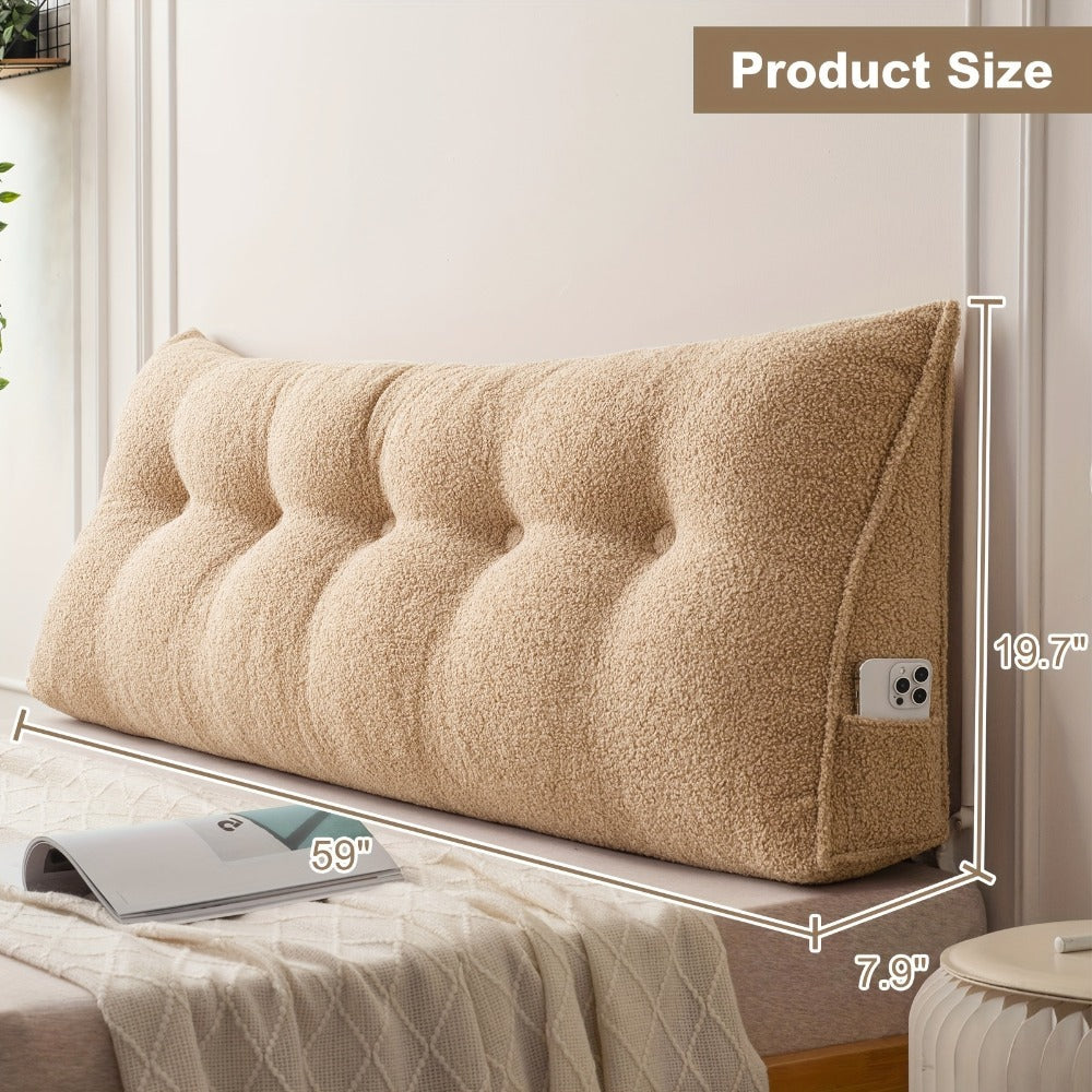 Bed Wedge Pillow Headboard Pillow with Side Pockets Removable Washable Cover Teddy Velvet Reading Pillow Twin Queen King