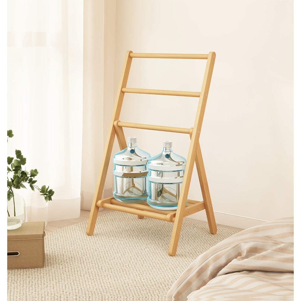 Bamboo Drying Rack 3 Tier Foldable with Storage Box - Space Saving Freestanding Clothes Hanger for Apartment, Bedroom, Bathroom & Balcony, Compact Laundry Rack for Small Spaces | Natural Burlywood