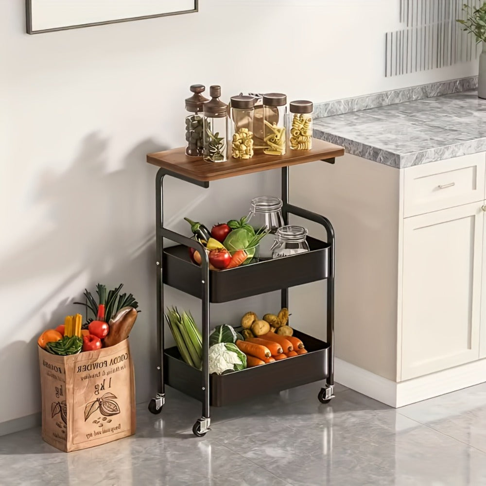 Storage Trolley with Wheels 3-Tier Wooden Tabletop Rolling Cart - Reinforced Black Metal Frame, Locking Casters, Multi-Use Organizer for Kitchen, Office, Bedroom & Living Room, Easy Assembly Printer Stand