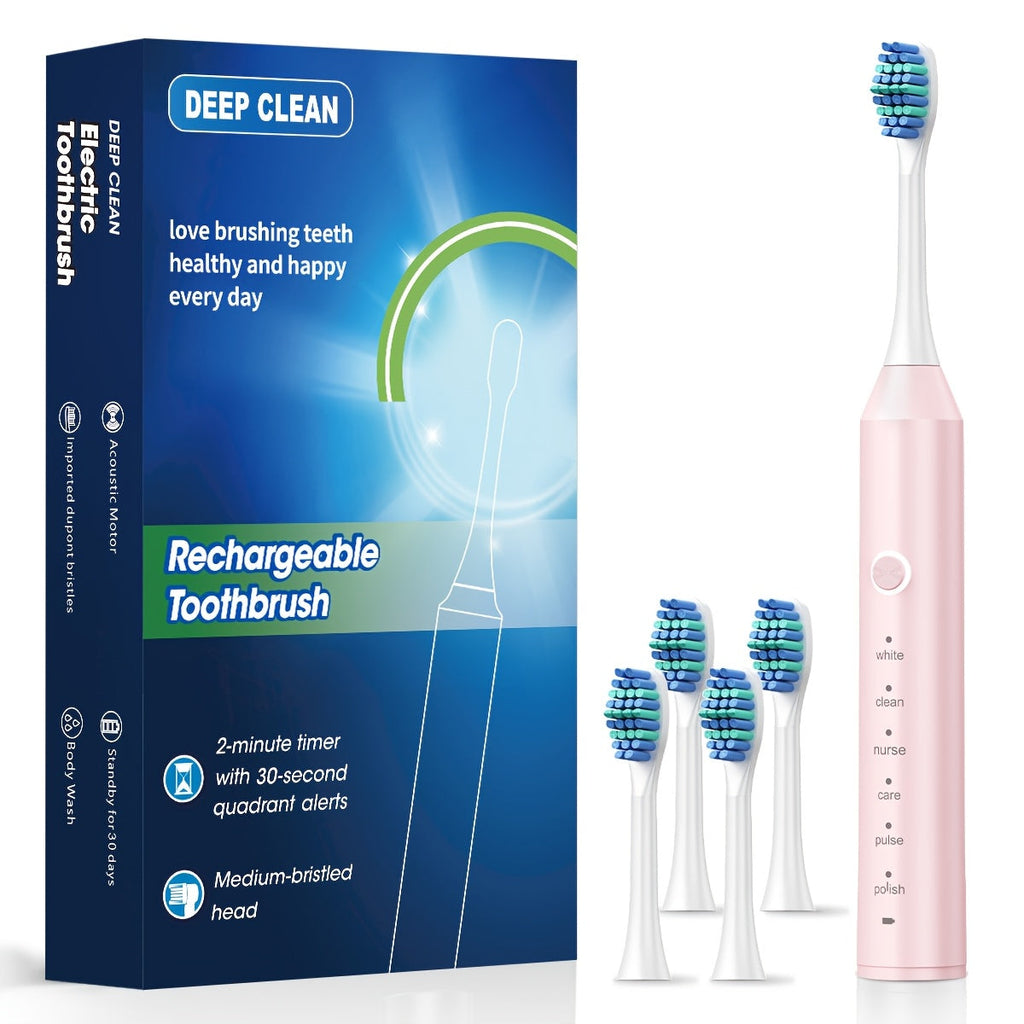 Rechargeable Toothbrush ¨C 6 Cleaning Modes, 500mAh Lithium Battery, USB Charging, Soft Bristles, 4 or 8 Brush Heads, Black White Pink Electric Toothbrush for Adults Deep Clean & Whitening