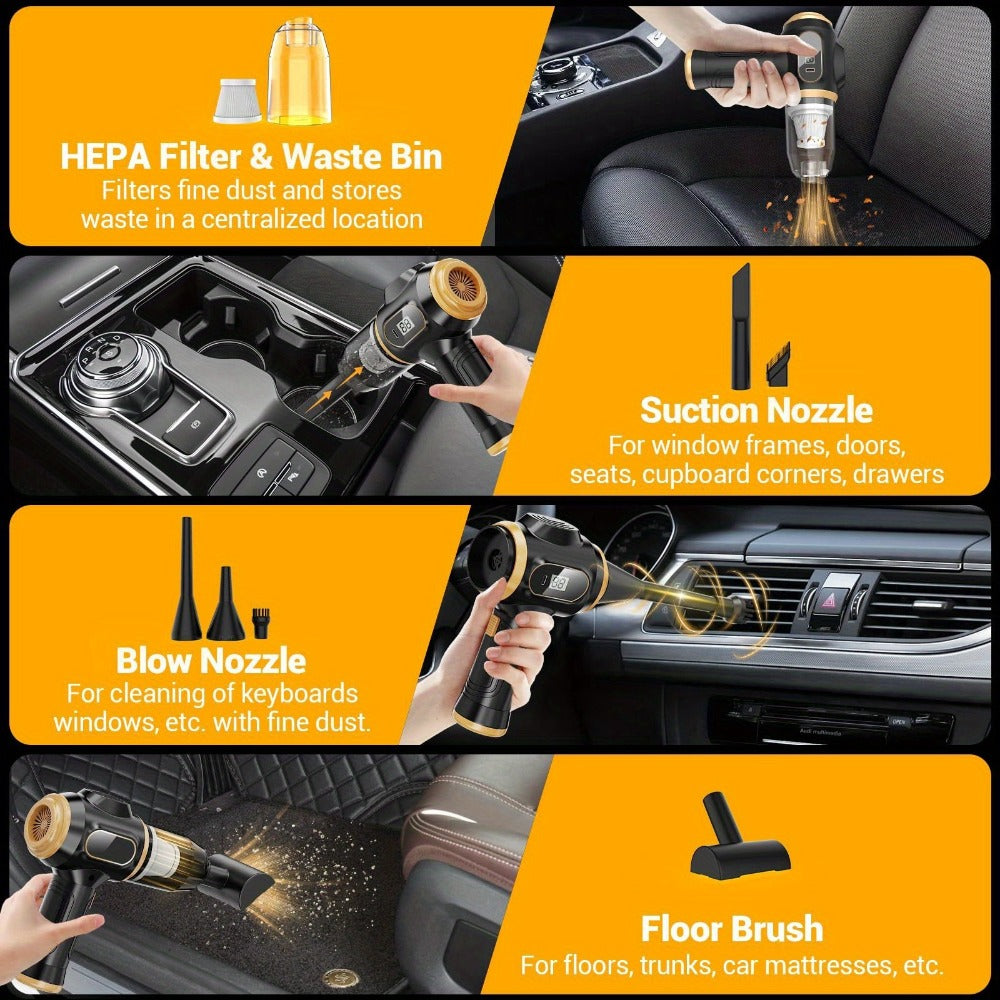Cordless Handheld Vacuum Cleaner with LCD Display & Multi-Nozzles, 9000Pa Suction 50000RPM HEPA Filter, 2-in-1 Blow & Vacuum for Car Home Office Pet Hair Keyboard Sofa