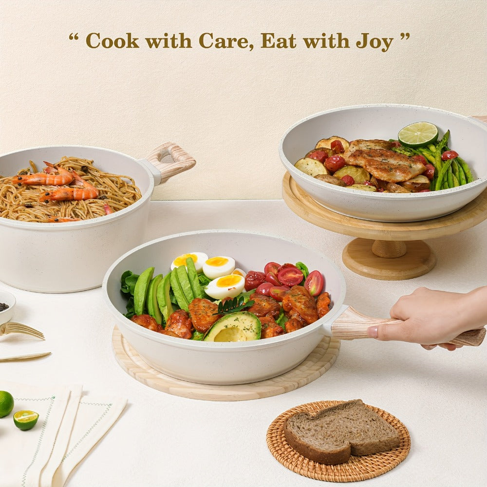 Cookware Set 12 Piece Pots and Pans Set Non-Stick Granite Coating with Frying Pans Casserole Saucepan Glass Lids Pan Protectors Compatible with All Stovetops Including Induction