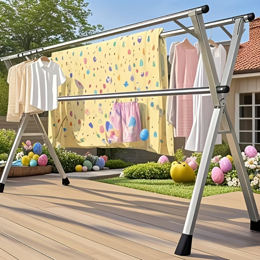 Foldable Clothes Drying Rack 3-Bar ¨C Heavy Duty Stainless Steel Collapsible Laundry Rack, Retractable 63¡± or 79¡± for Indoor & Outdoor Use ¨C Freestanding Portable Clothesline Drying Rack