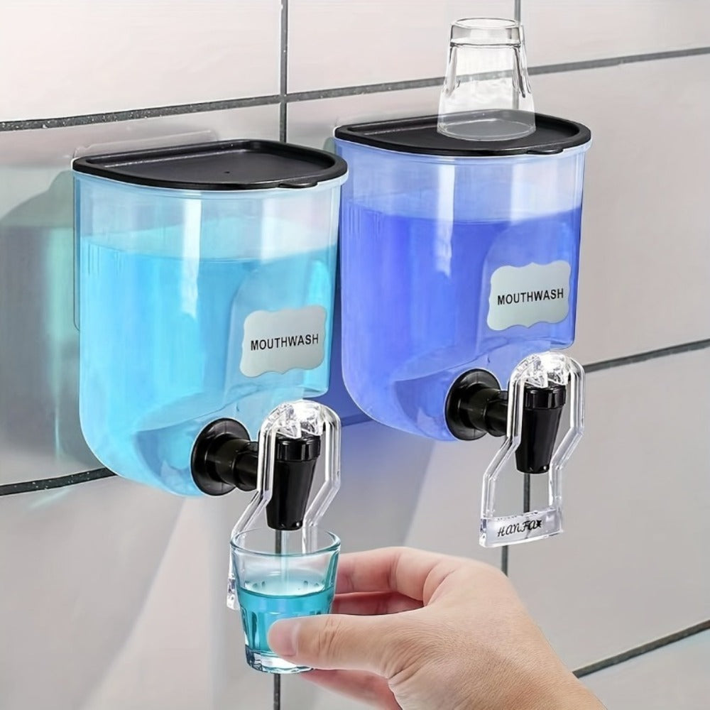 Mouthwash Dispenser Wall Mounted 2-Pack 21 oz Plastic Container - No Electricity Required, Space Saving Bathroom Organizer for Countertop Storage, Durable Refillable Liquid Soap & Rinse Dispenser