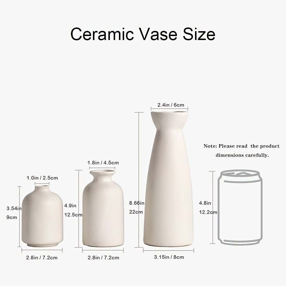 Boho Ceramic Vase Set 3pcs - Matte Nordic Minimalist Geometric Floral Design for Home Decor, Living Room, Entryway, Bookshelf & Bathroom Vanity, Modern Bohemian Decorative Vases, Holiday Gift