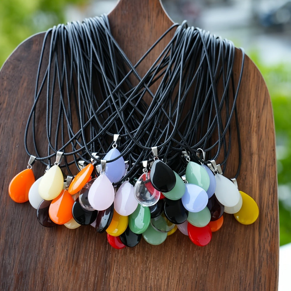 Crystal Pendant Necklace Set 40-Pack ¨C Multicolor Water Droplet Artificial Crystal Pendants with Faux Leather Cord, Fashionable Chic Jewelry for Festival, Party & Everyday Wear, Gift Idea