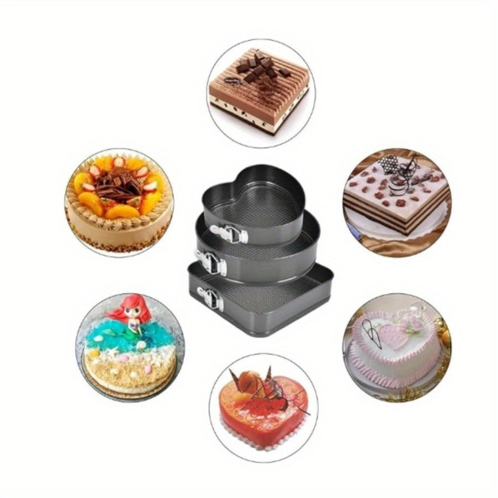 Cake Pan Set 6-Piece with Removable Bottom, Carbon Steel Nonstick Baking Molds in 3 Shapes Square Round Heart, Heavy Duty Springform Cake Pans for Chiffon Mousse Cheesecake Birthday Wedding