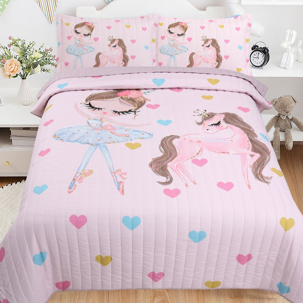 Kids Bedspread Set 3 Piece Pink Princess Pony Print Soft Comfortable Bedspread with 2 Pillowcases Girls Bedroom Decor Christmas Halloween Gift Core Not Included