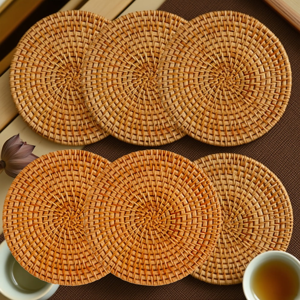 Rattan Woven Coasters Set of 6 Handcrafted Heat-Resistant Non-Slip Drink Mats Boho Table Decor for Kitchen Dining Room Coffee Table Tabletop Protection Holiday Gift