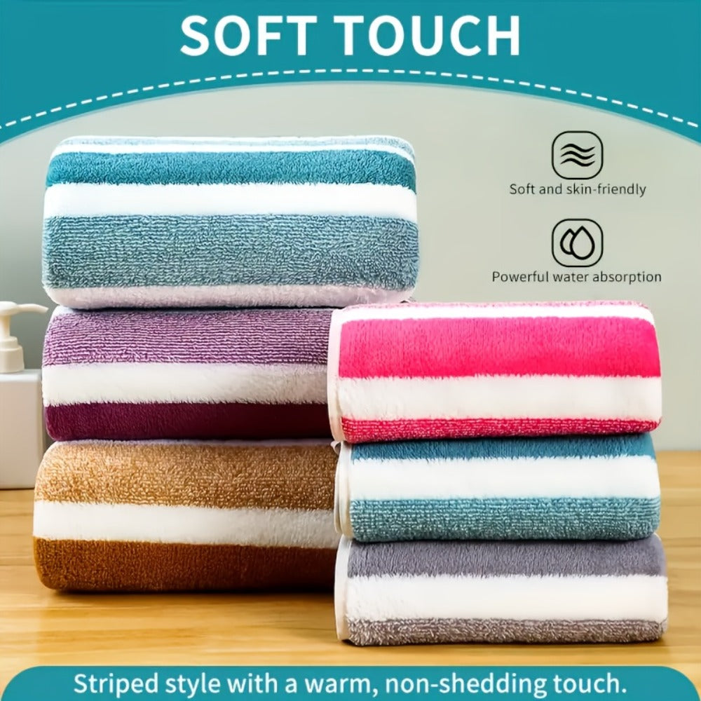 Coral Fleece Towel Set 9 or 15 Piece No Hair Loss 320GSM - Super Soft Absorbent Two-Color Striped | 2 Bath 2 Face 5 Hand Towels | Gray Brown Red Green Blue Mixed | Bathroom Beach Essentials