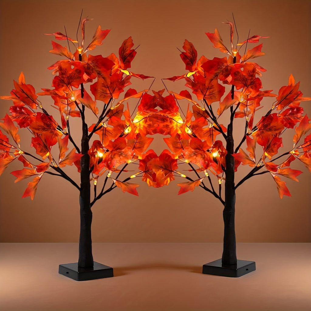 LED Maple Leaf Tree Decor Light Up Desktop Ornament 2 Pack | 24 LED Battery Powered Warm Light | Autumn Thanksgiving Table Lamp for Home Bedroom Party Wedding Holiday Gift