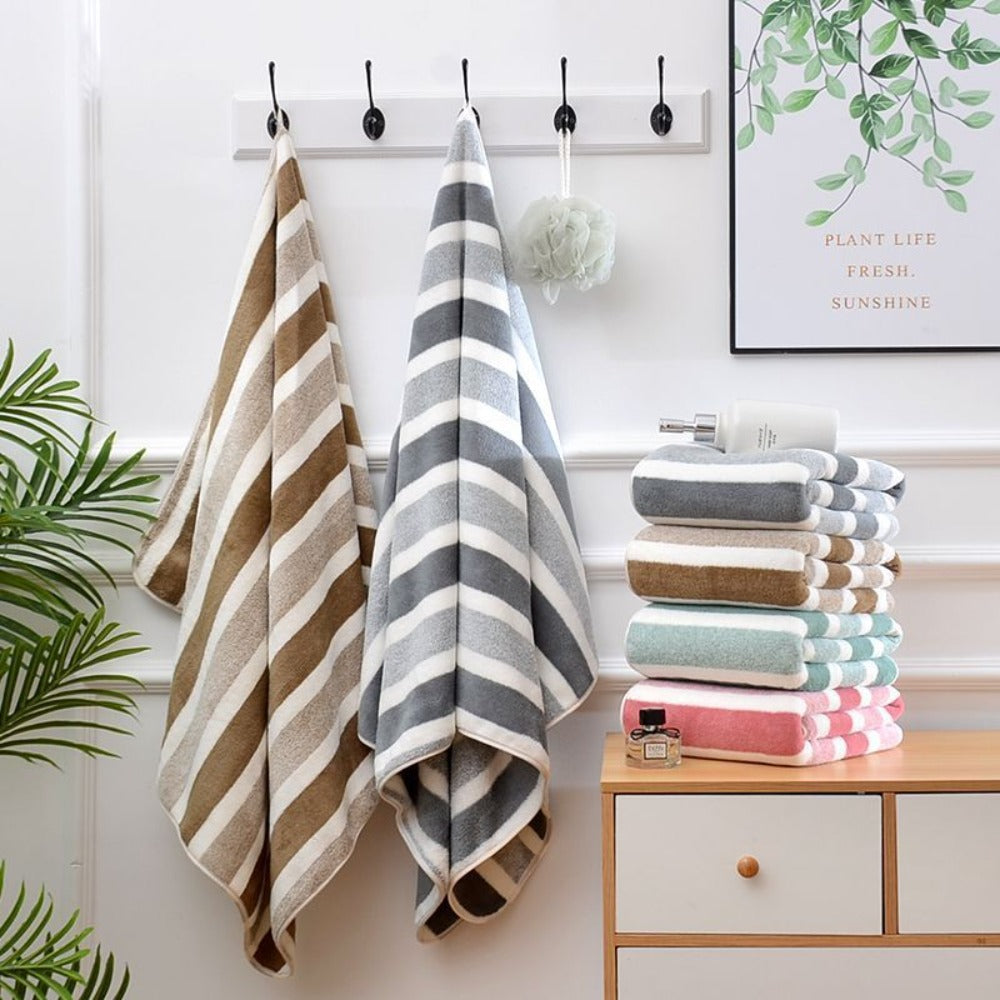 Striped Bath Towel Set 1 or 4 Pack 346GSM - 100% Polyester Super Soft Skin Friendly Absorbent Quick Dry | 70x140cm 27.6x55.1in | Green Gray Red Multi-Color | Home Bathroom Beach Essentials