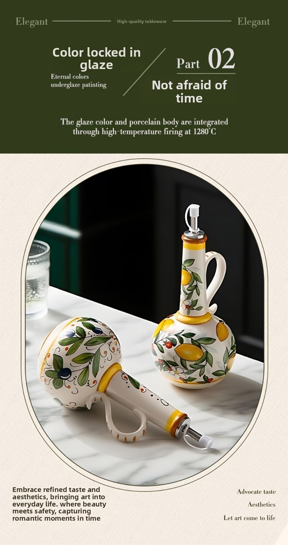 Ceramic Oil and Vinegar Dispenser Set Hand-Painted Underglaze Anti-Drip Leak-Proof Kitchen Oil Bottle with Oil Spout and Foot Pad Olive Green Lemon Yellow