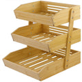 Bamboo Fruit Storage Rack 2-3 Tier with Hooks, Kitchen Counter Organizer for Fruits Vegetables Bread Spices, Freestanding Shelf Basket Display Stand
