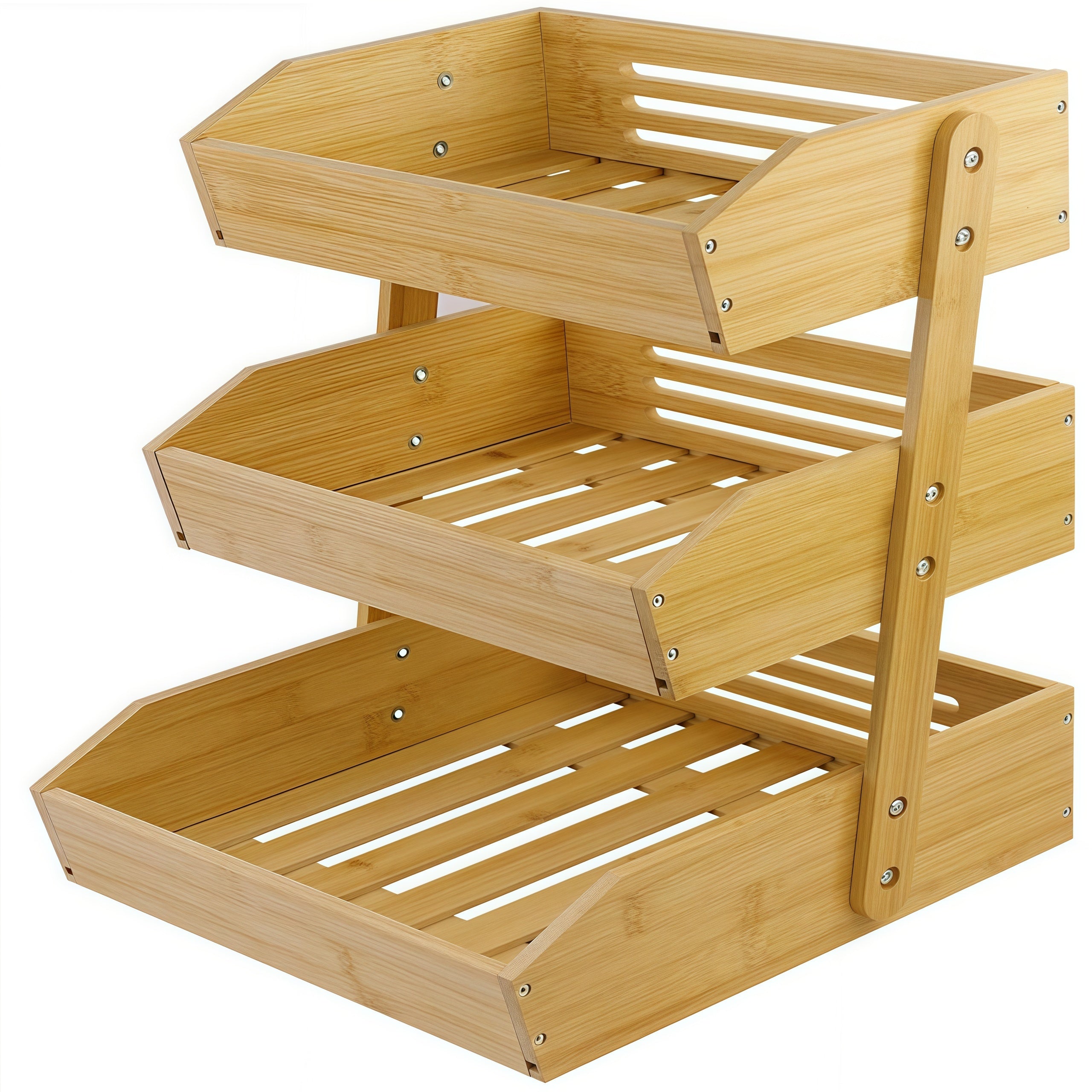 Bamboo Fruit Storage Rack 2-3 Tier with Hooks, Kitchen Counter Organizer for Fruits Vegetables Bread Spices, Freestanding Shelf Basket Display Stand