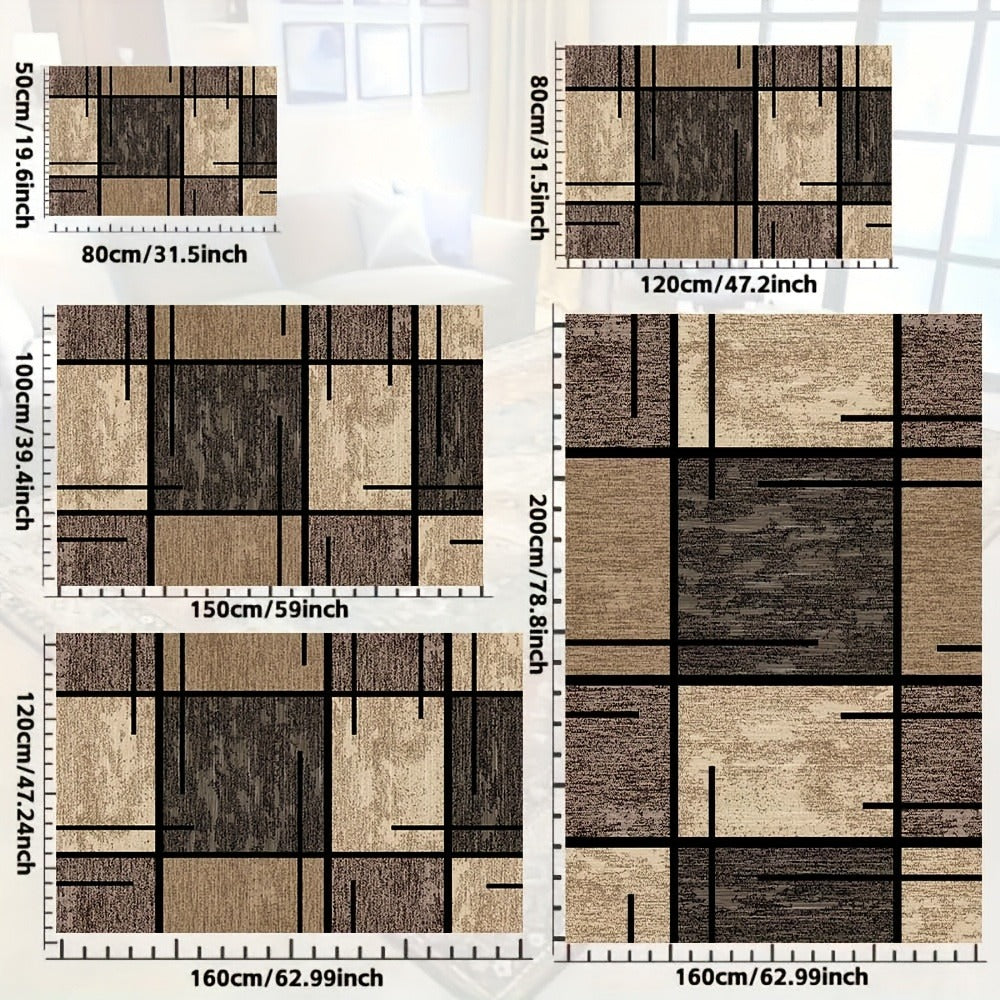 Machine Washable Area Rug Geometric Beige Brown Velvet 850 GSM Fade-Resistant Polyester Carpet for Living Room Bedroom Dining Room Office Non-Slip Rectangle Floor Rug