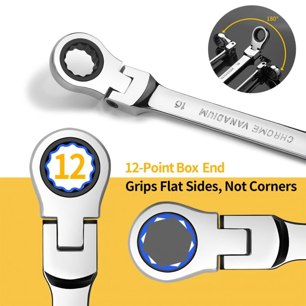 Ratchet Wrench Set 5pcs Flexible Head 6-10mm Metric Chrome Vanadium Steel 72-Tooth Combination Wrench Open Closed End for Automotive Bicycle Home Repair Mechanic Hand Tool Kit Silver