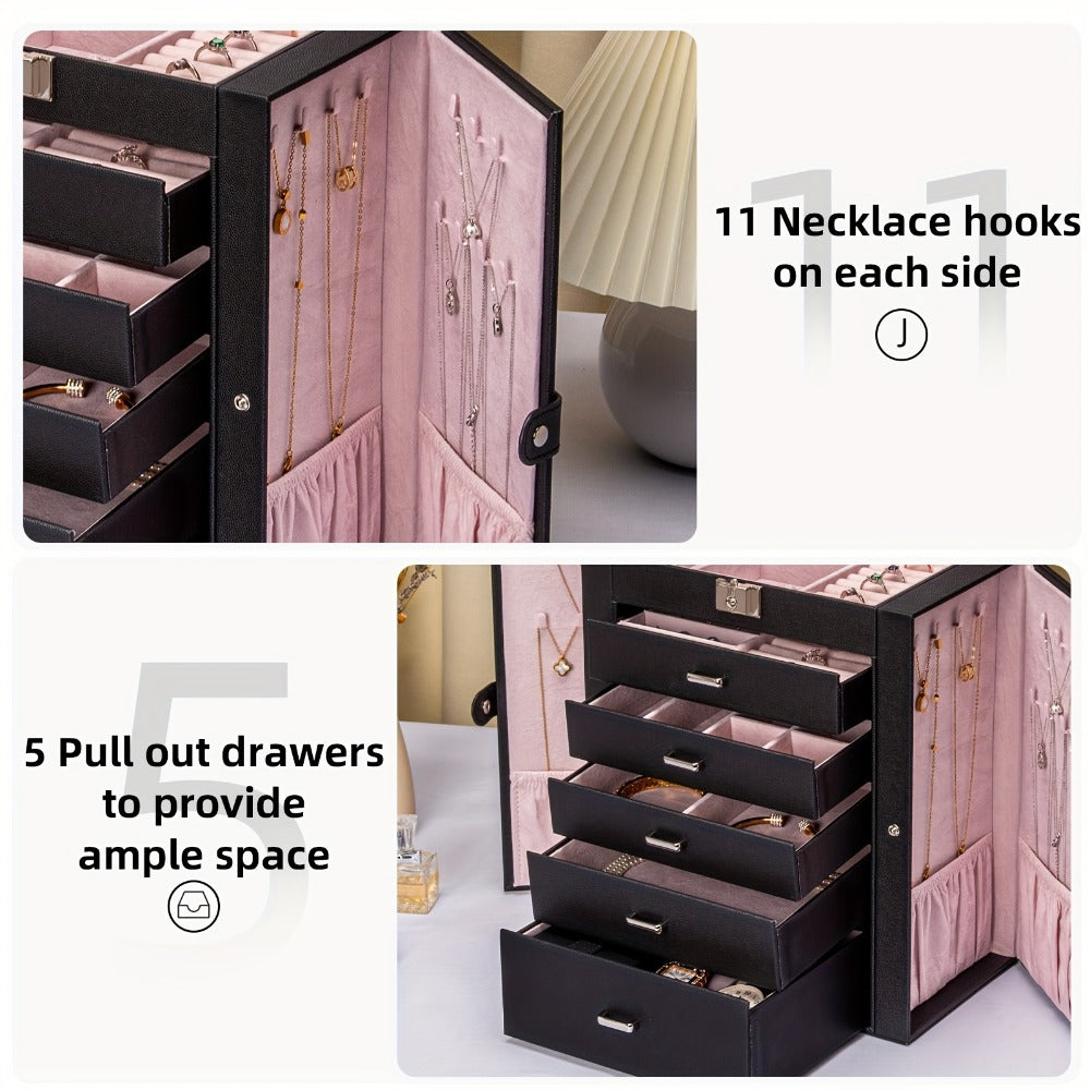 Jewelry Box 6 Tier with 5 Drawers Mirror & Lock | Large Jewelry Organizer Storage Case Gift for Women