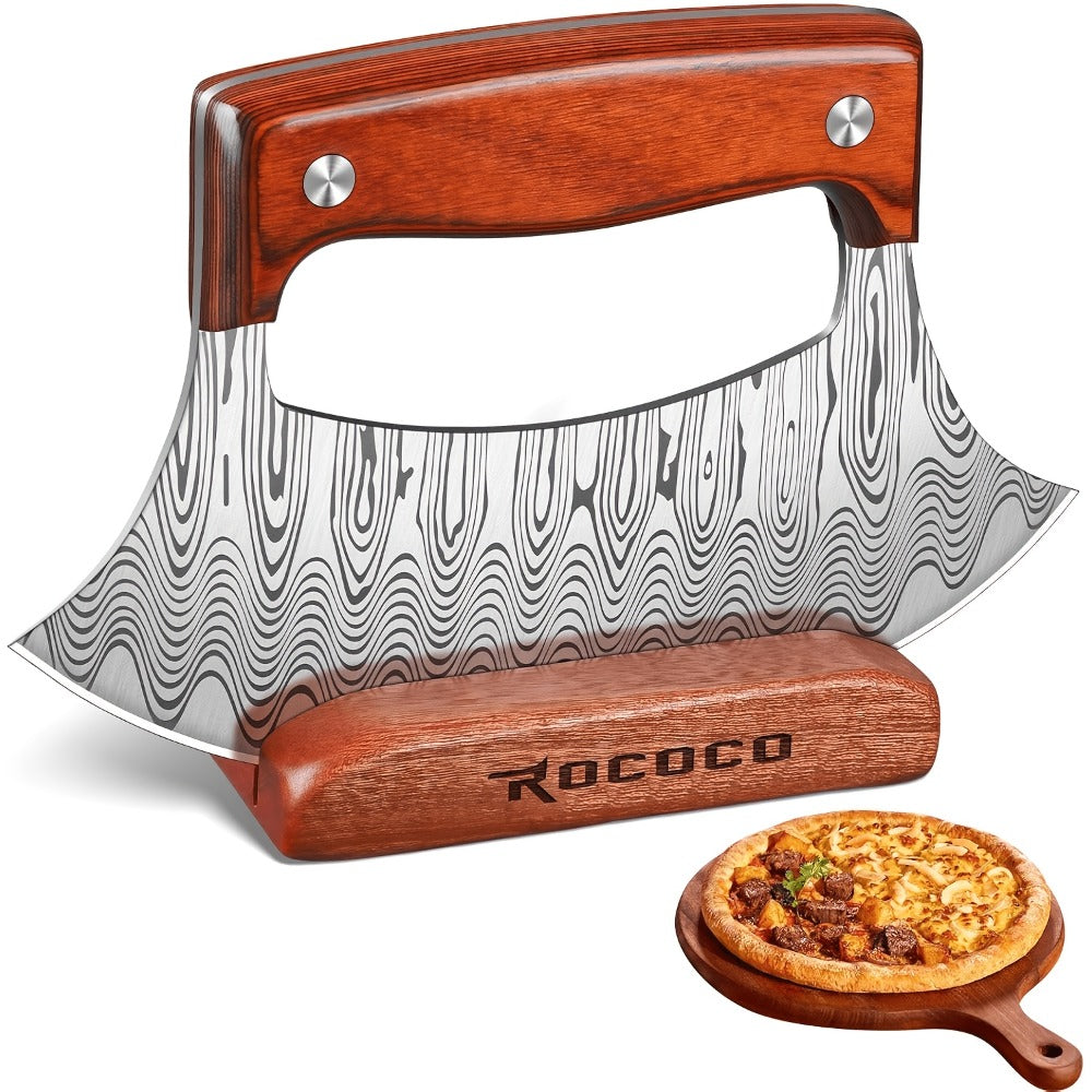Hand-Forged Ulu Knife Rocker Blade High Carbon Steel Full Tang Rosewood Handle with Leather Sheath & Gift Box, Mezzaluna Chopping Knife for Kitchen Camping BBQ, Chef Gift for Men