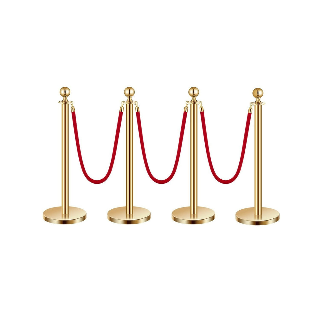 Stanchion Posts with Red Velvet Rope Set - Gold Crowd Control Barrier, 201 Stainless Steel Queue Poles with Sand-Fillable Base & 4-Way Connectors, for Wedding Event Party Museum Hotel, 4/6/8 Pcs