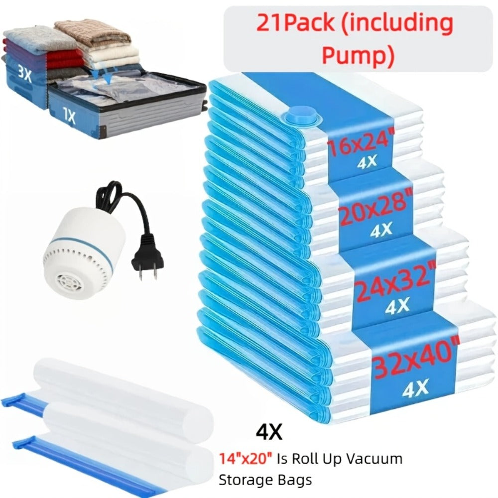 Vacuum Storage Bags with Air Pump, 20-21 Pack Reusable Compression Bags for Clothes, Quilts & Blankets ¡ª 4 Sizes Space-Saving Storage for Travel, Moving & Organizing | Transparent
