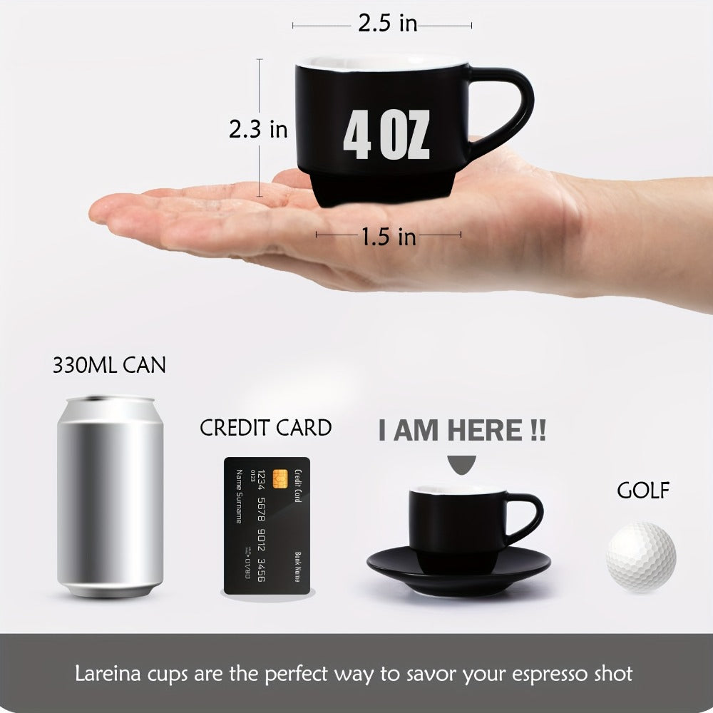 Espresso Cups Set of 6 with Saucers, Spoons & Metal Stand, 4oz Stackable Ceramic Cappuccino Mugs for Double Espresso, Lungo & Afternoon Tea ¨C Matte Black & Matte White