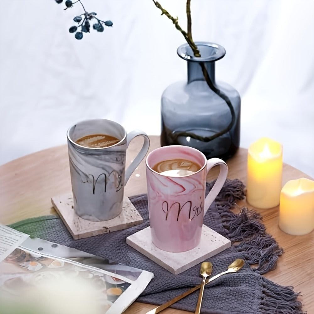 Mr and Mrs Mugs Wedding Gift Set 14oz Ceramic Marble ¨C Bride and Groom Couples Mugs | Bridal Shower Engagement Anniversary Gift | Reusable Grey Pink Couple Coffee Mugs