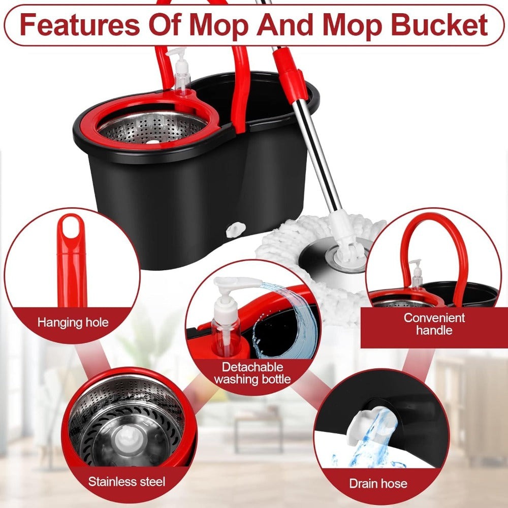 Spin Mop and Bucket with Wringer Set, 360¡ã Spinning Mop System, 4 Microfiber Replacement Heads, Stainless Steel Adjustable Handle, Heavy-Duty Floor Cleaning Kit for Hardwood Tile Laminate Kitchen Bathroom
