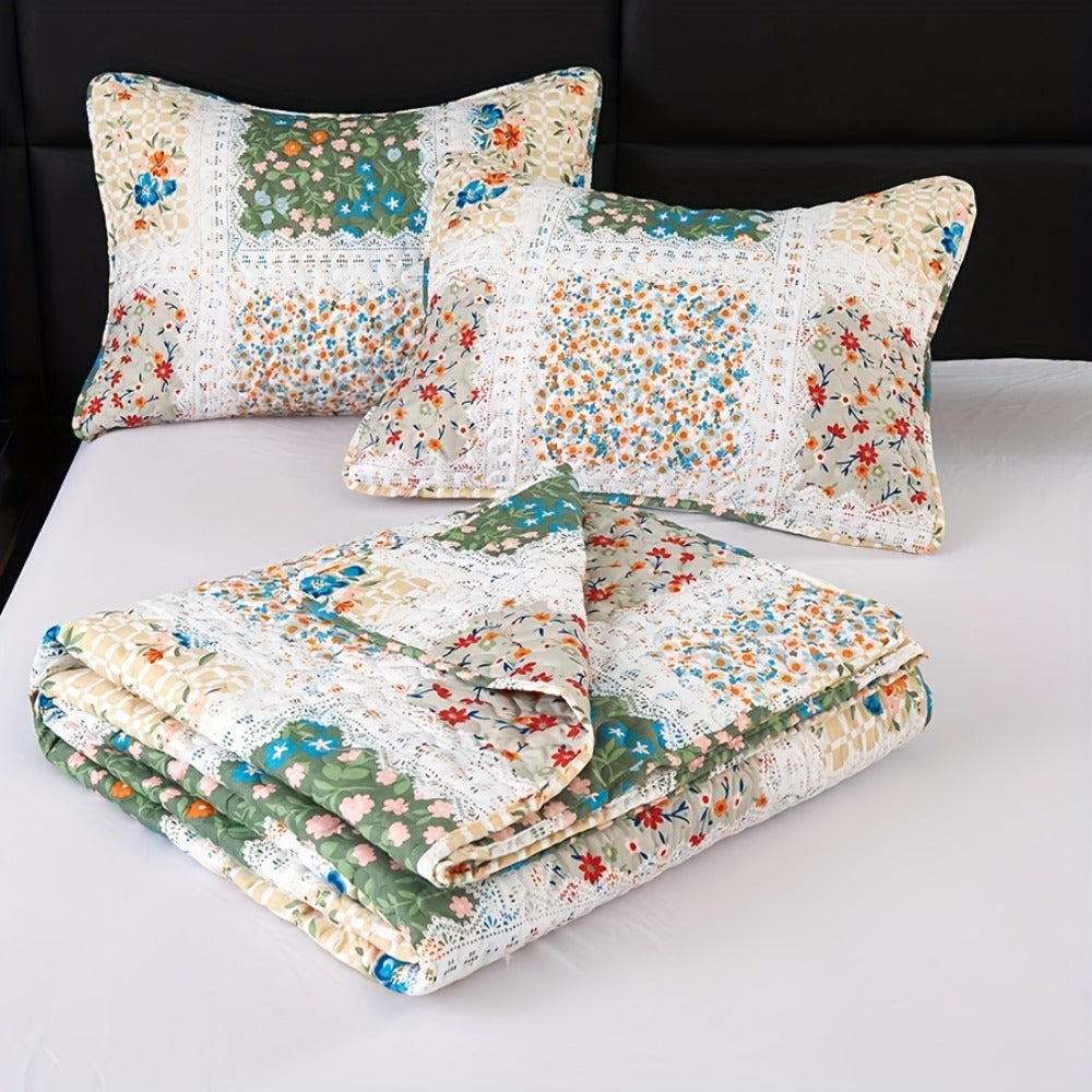 Quilt Set 2 3 Piece Lightweight Floral Patchwork Coverlet Bedding Set with Pillow Shams, Boho Quilted Bedspread for Twin Full Queen King, All Season Soft Cozy Bed Cover Green Blue Pink Grey