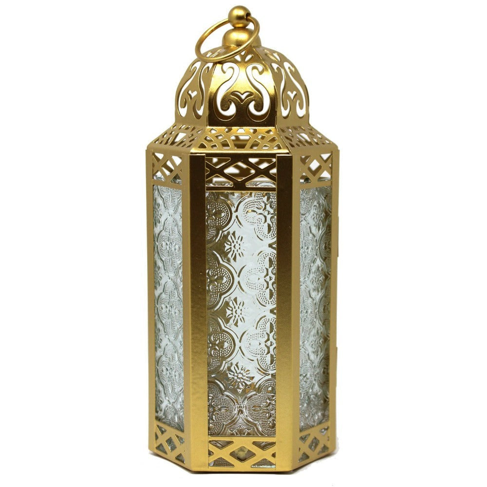 Moroccan Candle Lantern Holder - Decorative Metal & Glass Lantern with Embossed Floral Design for Indoor Home Decor, Garden, Patio, Weddings, Ramadan, Halloween & Holiday Celebrations - 10.5¡± Tall Medium Size