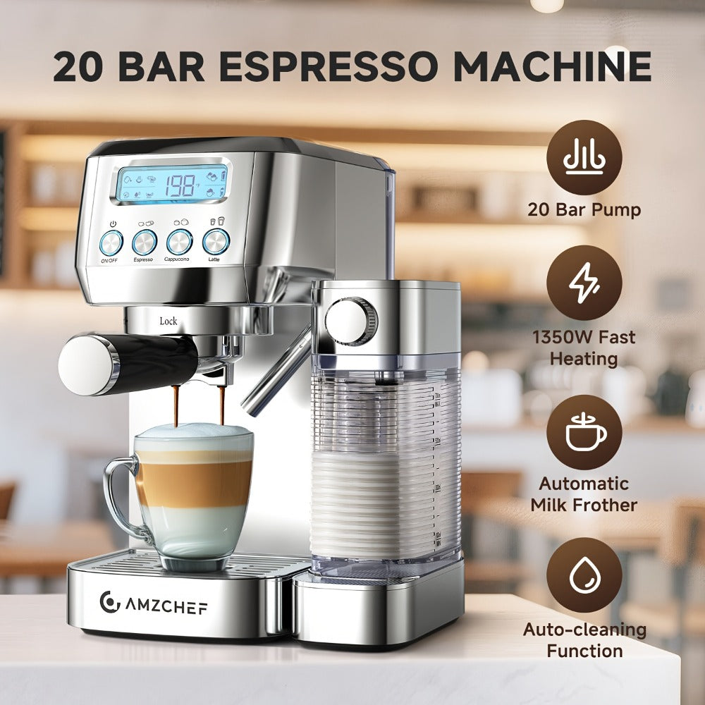 Espresso Machine 20 Bar with Automatic Milk Frother ¨C Dual Boiler Coffee Maker, Touch Control, Cappuccino & Latte Machine with Dual Wall Filters, Includes Milk Frother, Easy to Use for Home & Gifts