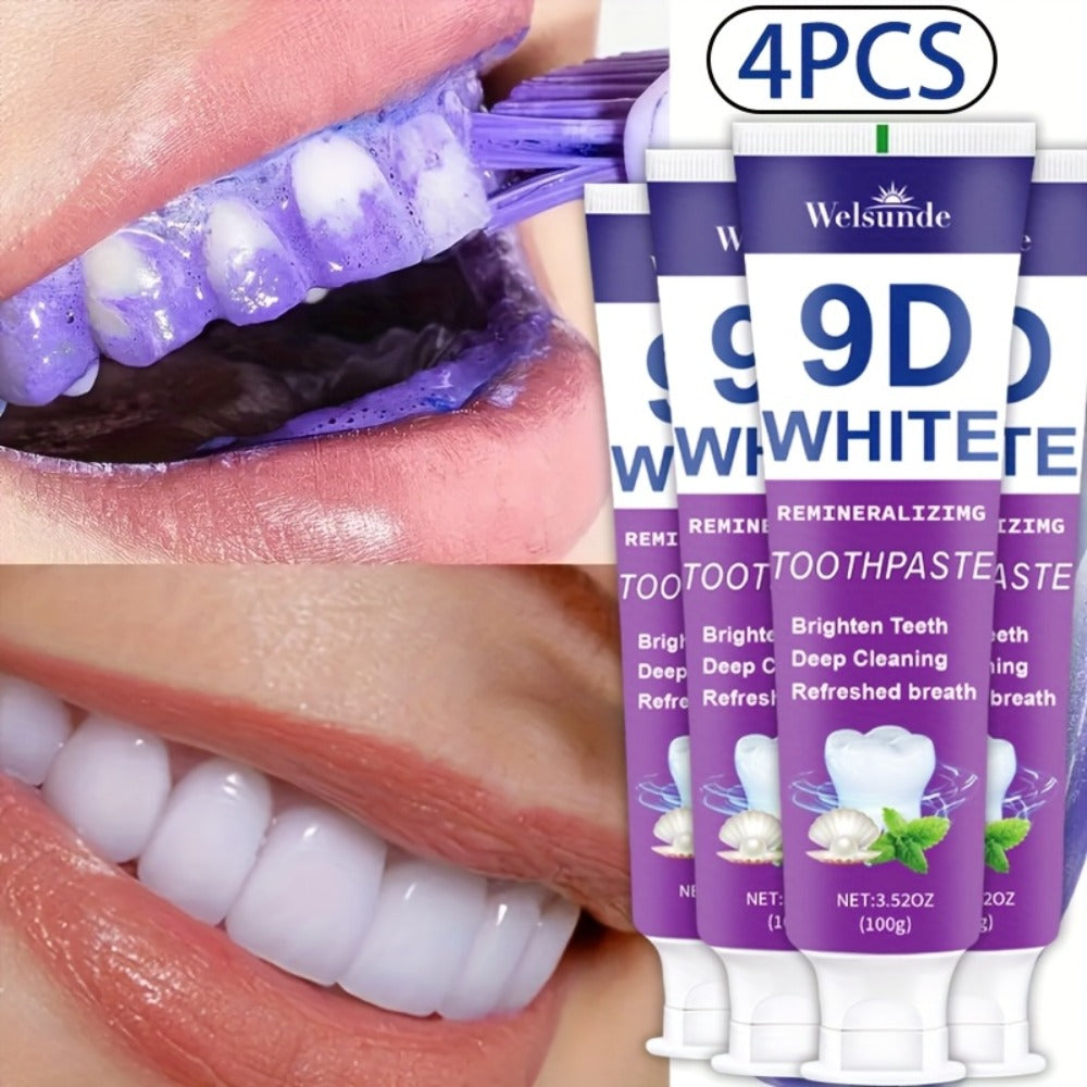 Remineralizing Toothpaste 4-Pack ¨C 9D Purple Hypoallergenic Formula with Essential Oils, 400g Deep Cleaning Whitening Toothpaste for Sensitive Teeth, Gentle Gum Care & Fresh Breath, Daily Home & Travel Oral Hygiene