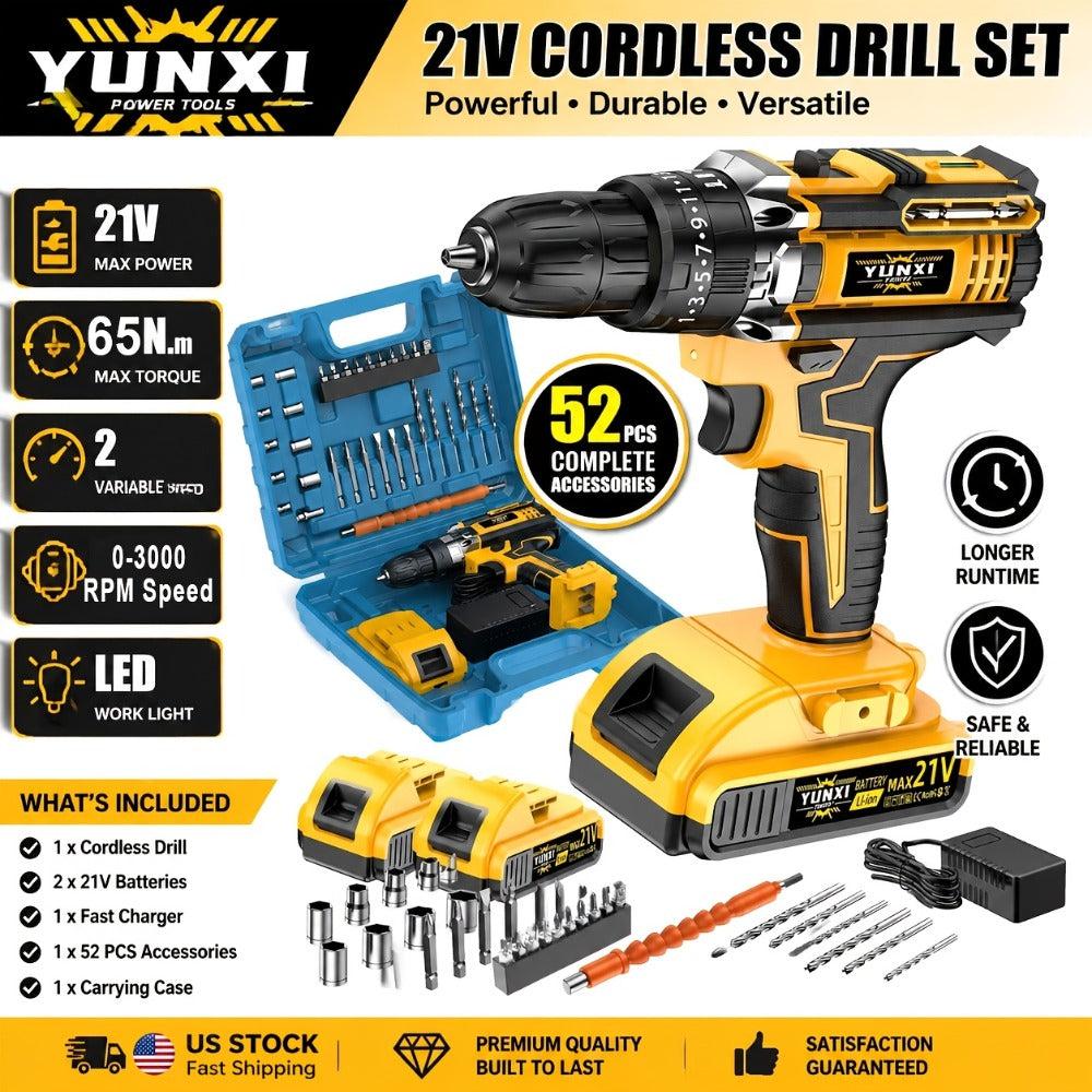 Cordless Impact Drill Set 21V ¨C Electric Power Drill with 2.0Ah Battery, Fast Charger, Screwdriver Bits, Work Light, Variable Speed & Torque Control for Home & Car Repair, Men's Gift