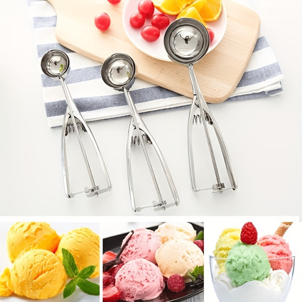 Ice Cream Scoop Set 3pcs Stainless Steel Cookie Scoop Trigger Release Fruit Scoop Watermelon Baller Dough Scoop for DIY Desserts Baking Ice Cream Shops